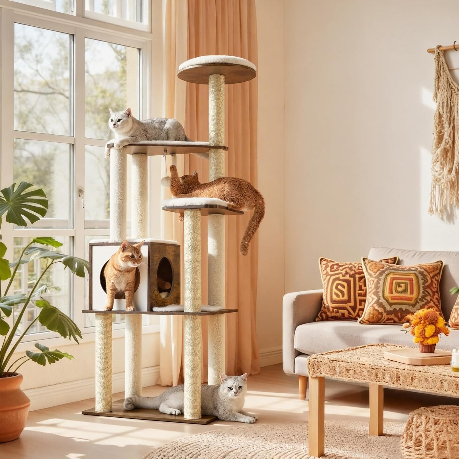 Deluxe 64.6-Inch Modern Cat Tree - Multi-Level Condo with 5 Scratching Posts, Cozy Perch, and Washable Cushions in Rustic Brown