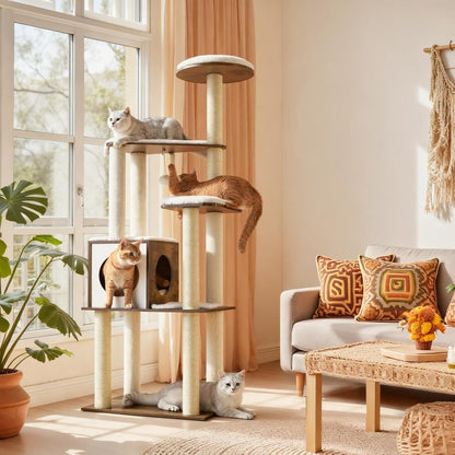 Deluxe 64.6-Inch Modern Cat Tree - Multi-Level Condo with 5 Scratching Posts, Cozy Perch, and Washable Cushions in Rustic Brown