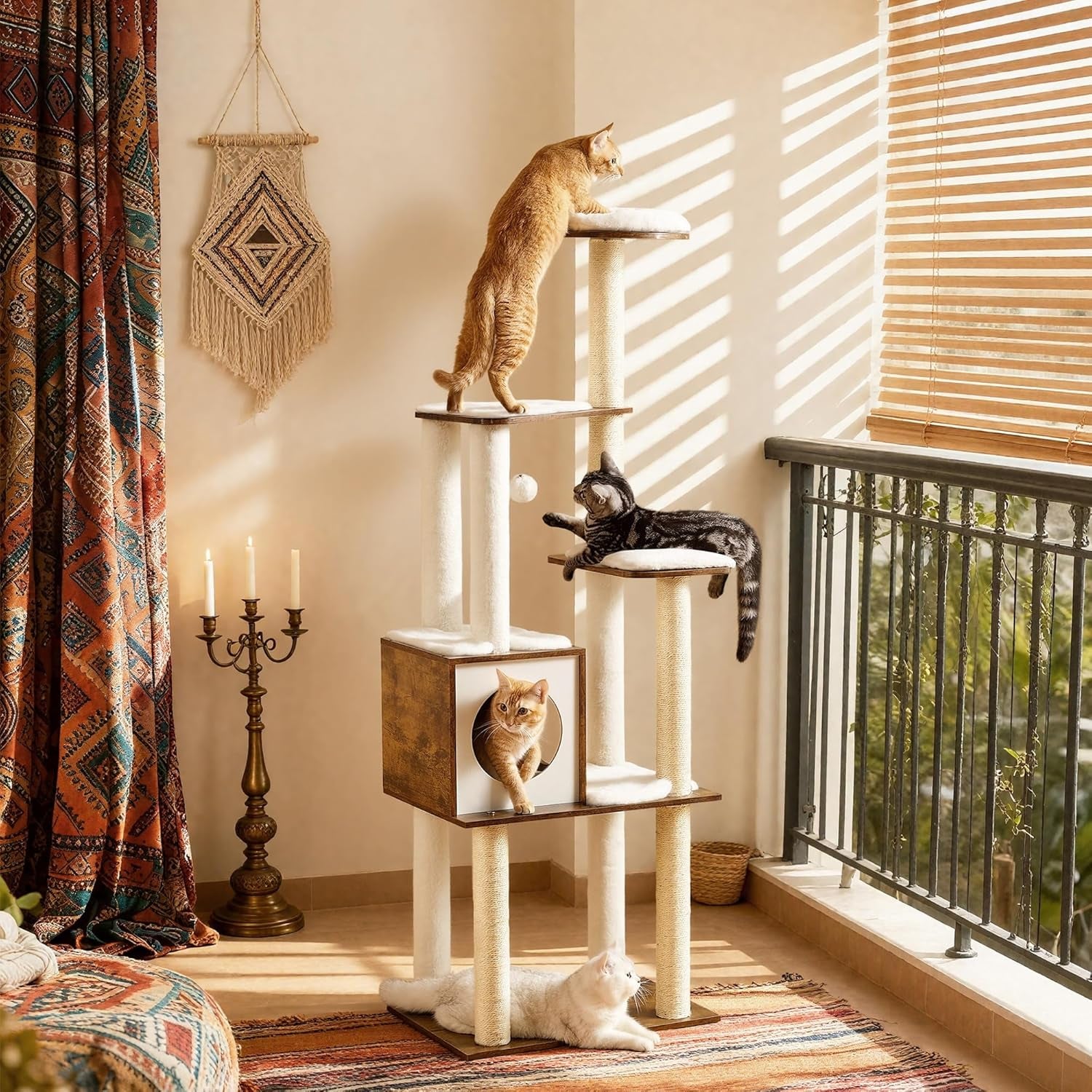 Deluxe 64.6-Inch Modern Cat Tree - Multi-Level Condo with 5 Scratching Posts, Cozy Perch, and Washable Cushions in Rustic Brown