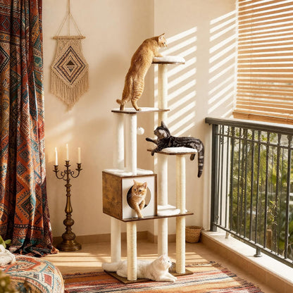 Deluxe 64.6-Inch Modern Cat Tree - Multi-Level Condo with 5 Scratching Posts, Cozy Perch, and Washable Cushions in Rustic Brown
