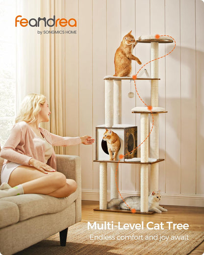 Deluxe 64.6-Inch Modern Cat Tree - Multi-Level Condo with 5 Scratching Posts, Cozy Perch, and Washable Cushions in Rustic Brown