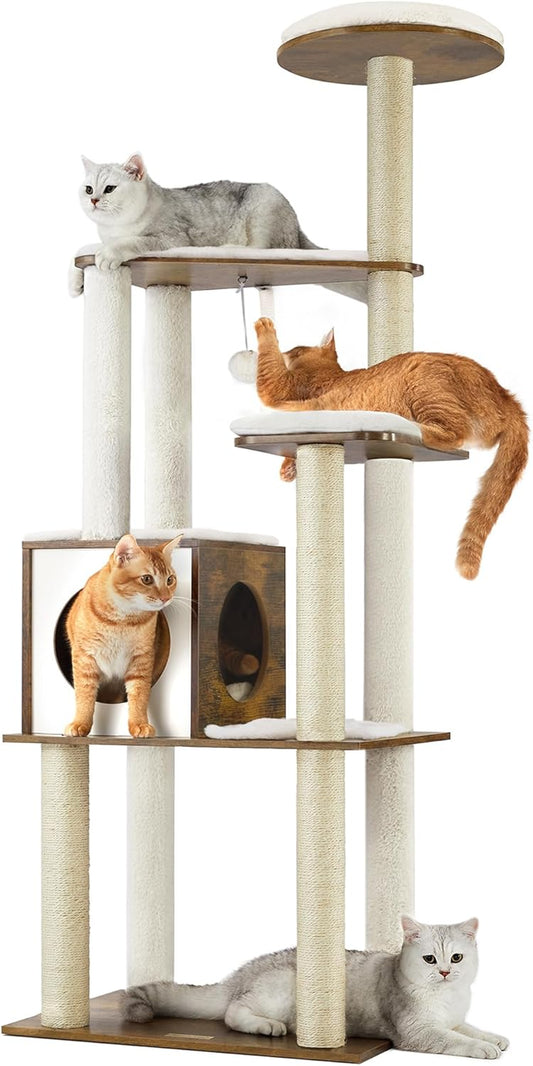 Deluxe 64.6-Inch Modern Cat Tree - Multi-Level Condo with 5 Scratching Posts, Cozy Perch, and Washable Cushions in Rustic Brown