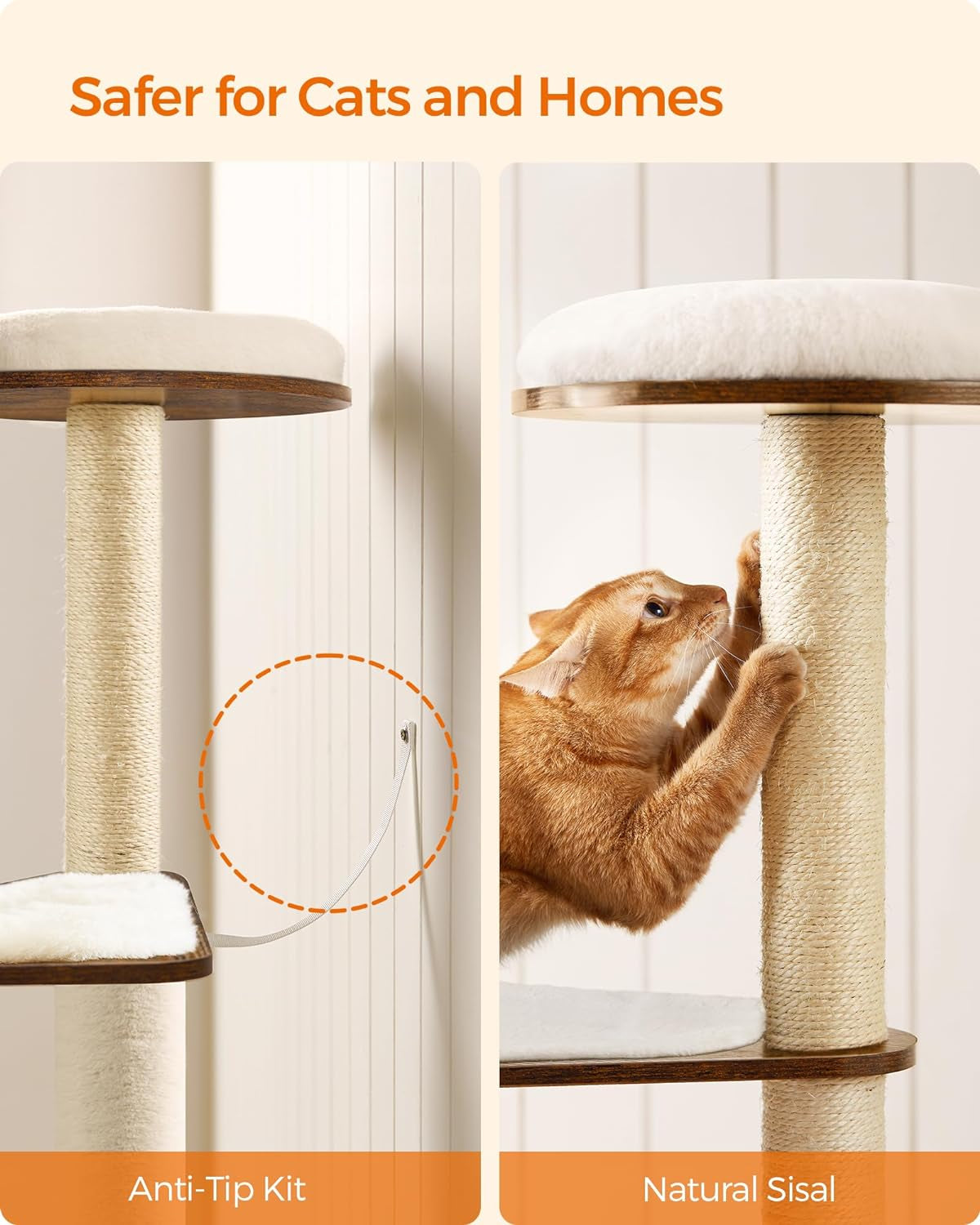 Deluxe 64.6-Inch Modern Cat Tree - Multi-Level Condo with 5 Scratching Posts, Cozy Perch, and Washable Cushions in Rustic Brown