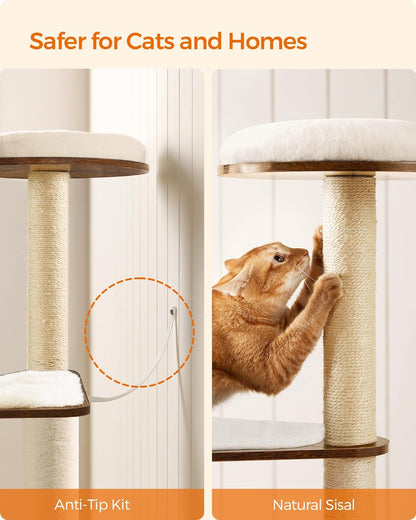 Deluxe 64.6-Inch Modern Cat Tree - Multi-Level Condo with 5 Scratching Posts, Cozy Perch, and Washable Cushions in Rustic Brown