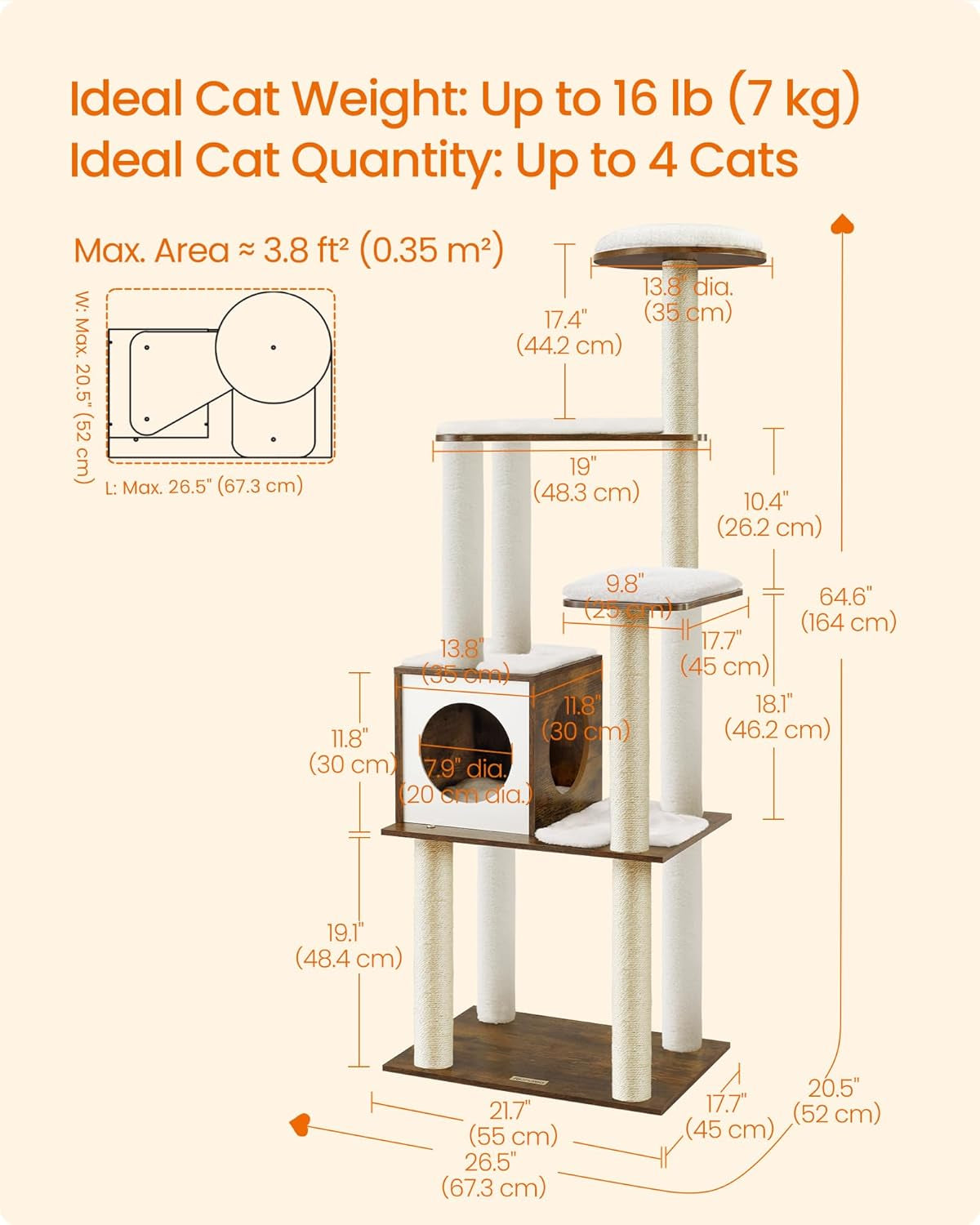 Deluxe 64.6-Inch Modern Cat Tree - Multi-Level Condo with 5 Scratching Posts, Cozy Perch, and Washable Cushions in Rustic Brown
