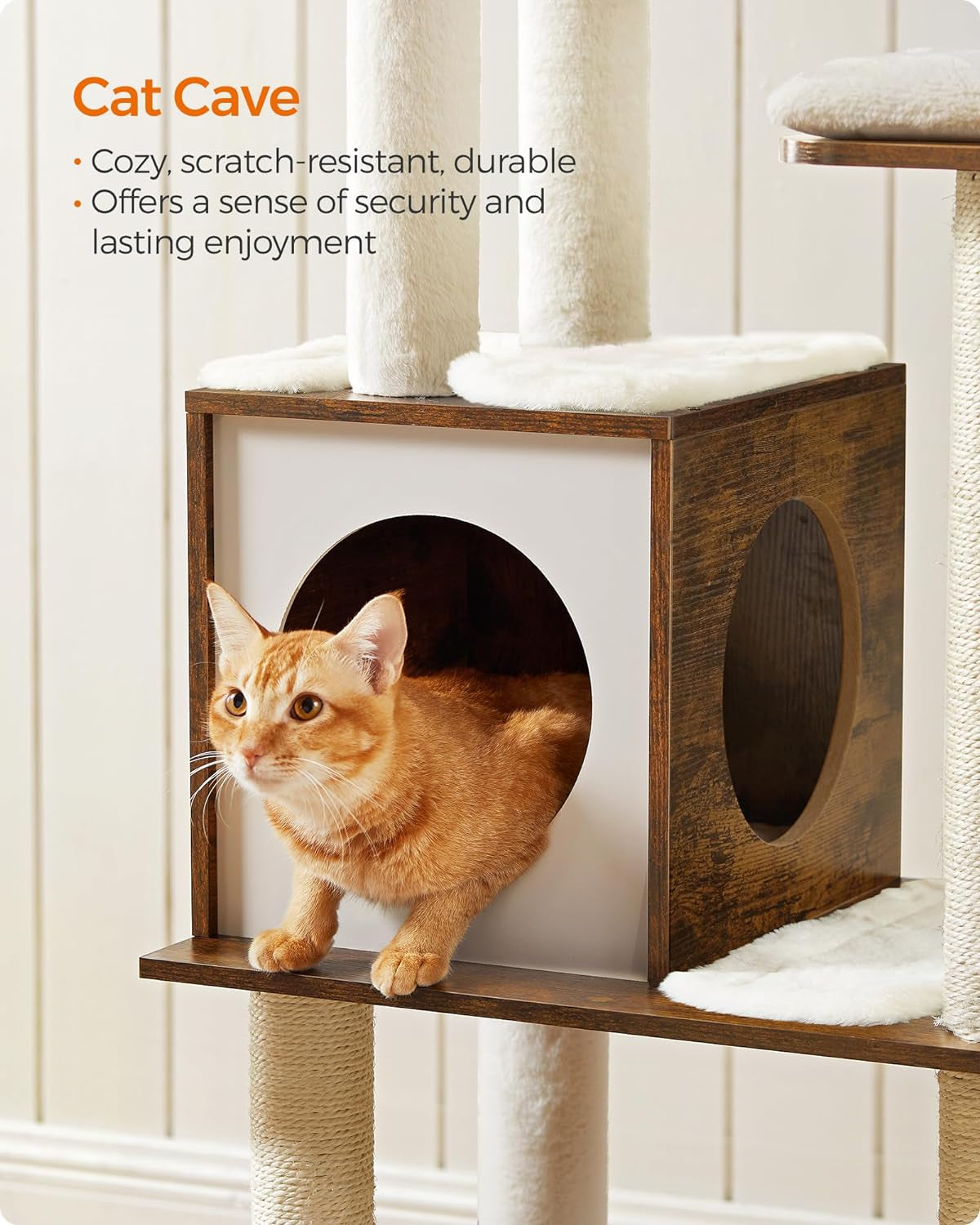 Deluxe 64.6-Inch Modern Cat Tree - Multi-Level Condo with 5 Scratching Posts, Cozy Perch, and Washable Cushions in Rustic Brown