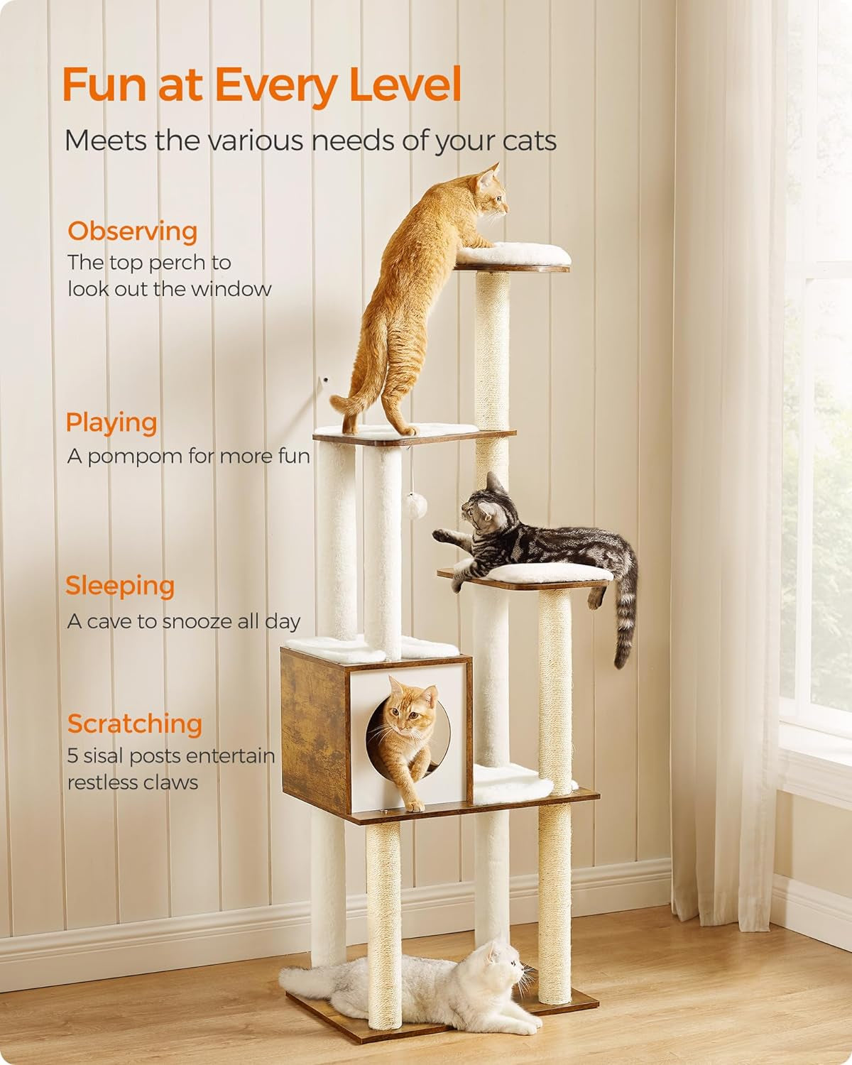 Deluxe 64.6-Inch Modern Cat Tree - Multi-Level Condo with 5 Scratching Posts, Cozy Perch, and Washable Cushions in Rustic Brown