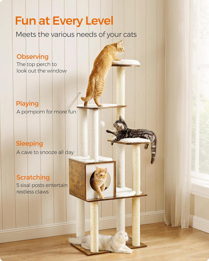 Deluxe 64.6-Inch Modern Cat Tree - Multi-Level Condo with 5 Scratching Posts, Cozy Perch, and Washable Cushions in Rustic Brown